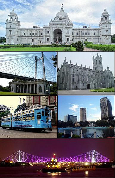 From top going clockwise: Victoria Memorial, St. Paul's Cathedral, Downtown Kolkata, Howrah Bridge, Kolkata tram, Vidyasagar Setu Bridge