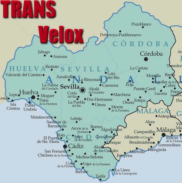 Mapa de Andalucía Occidental con las principales localidades de las cuatro provincias