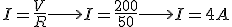   I = \frac{V}{R} \longrightarrow{} I=\frac{200}{50}\longrightarrow{} I = 4A  